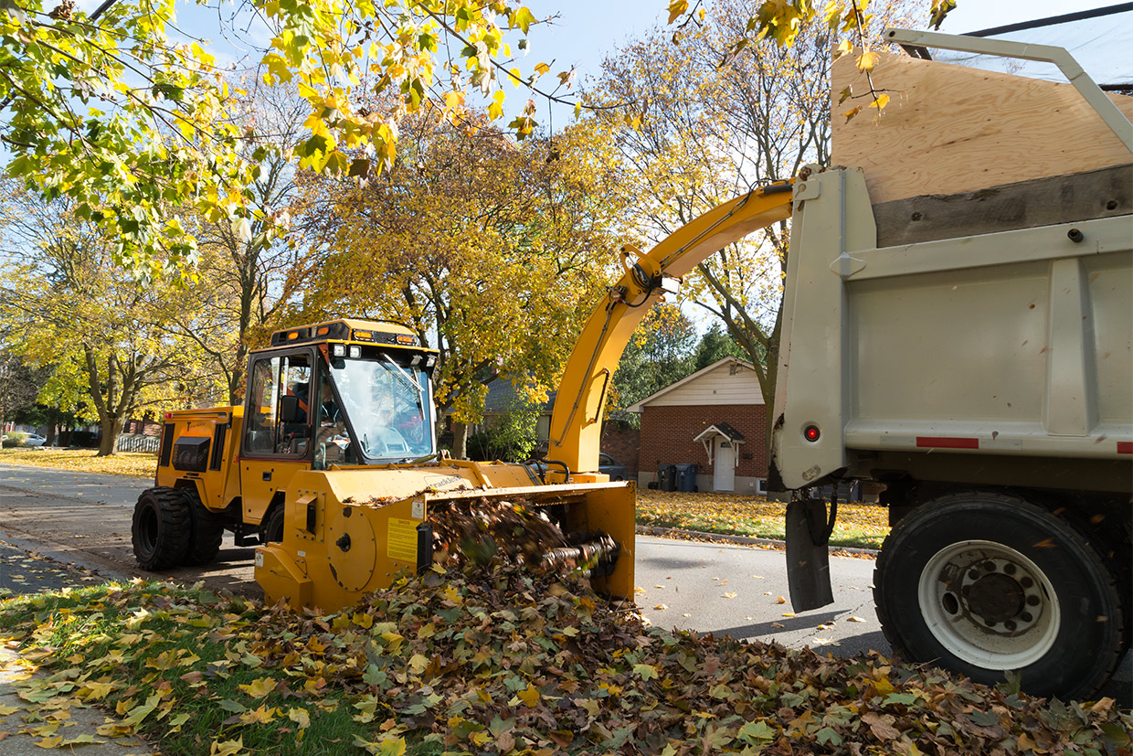 trackless vehicles leaf loader attachment on sidewalk municipal tractor loading leaves front view