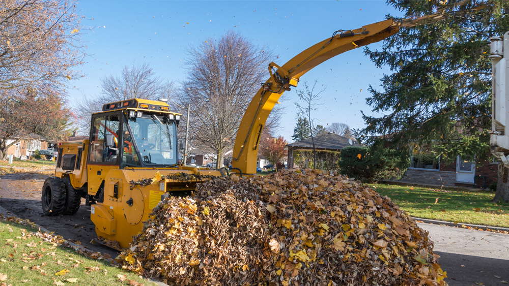 trackless vehicles leaf loader attachment on sidewalk municipal tractor loading leaves front view